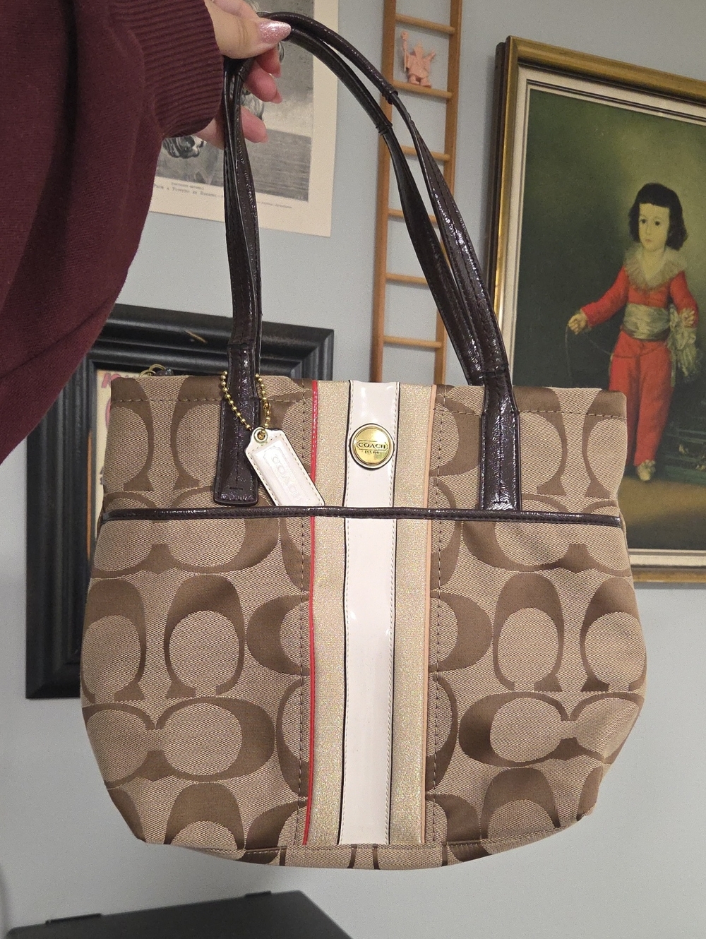 coach multi stripe tote Vermillion/khaki